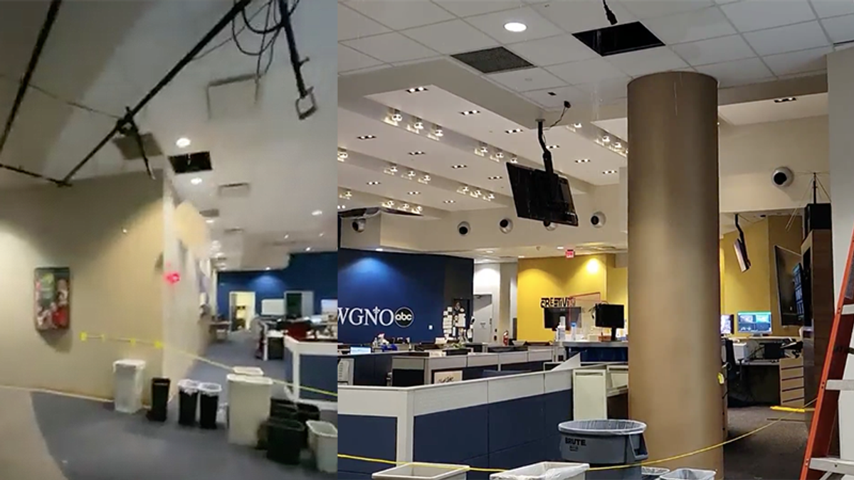 The local news crew was forced to flee when Hurricane Ida blew off the roof of their building