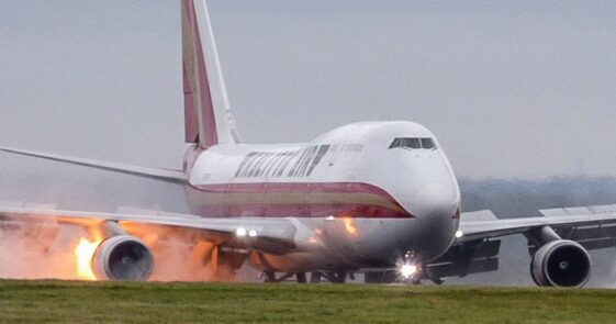 Landing plane bursts into flames at UK airport