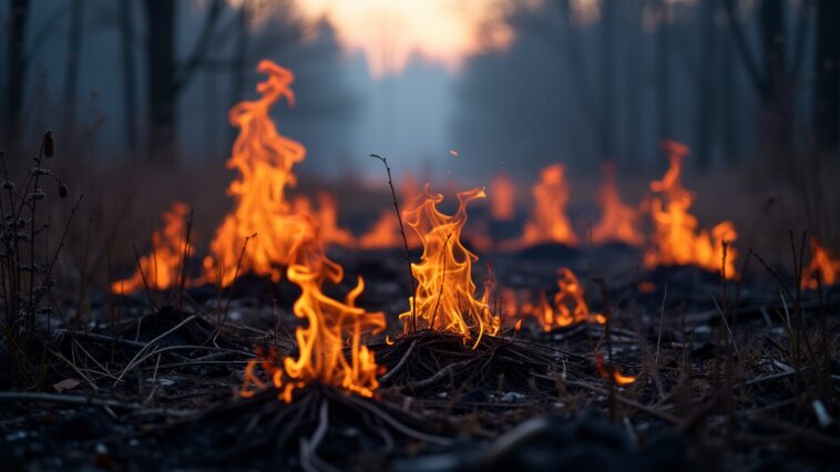 Fiamme che divampano in un bosco del Connecticut