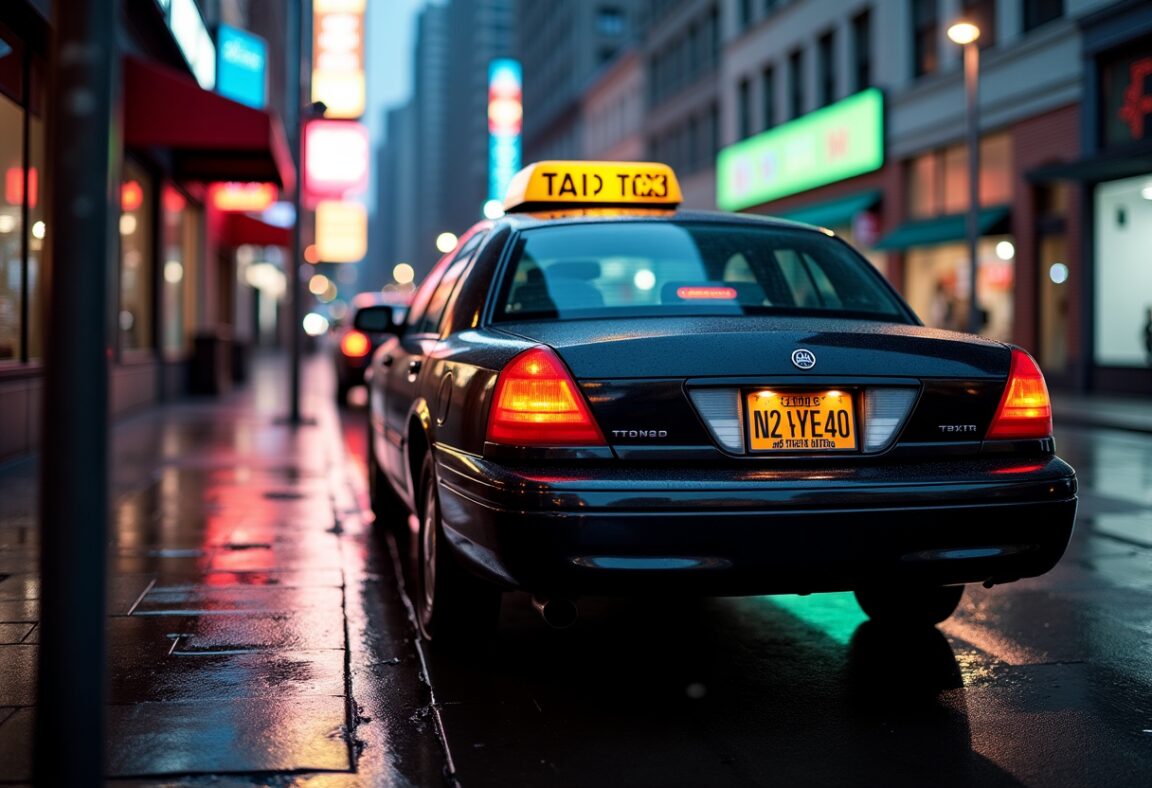 Black cab navigating through a dark urban landscape