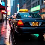 Black cab navigating through a dark urban landscape