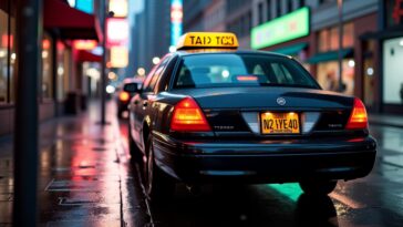 Black cab navigating through a dark urban landscape