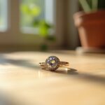 Engagement ring with a beautiful diamond on a table