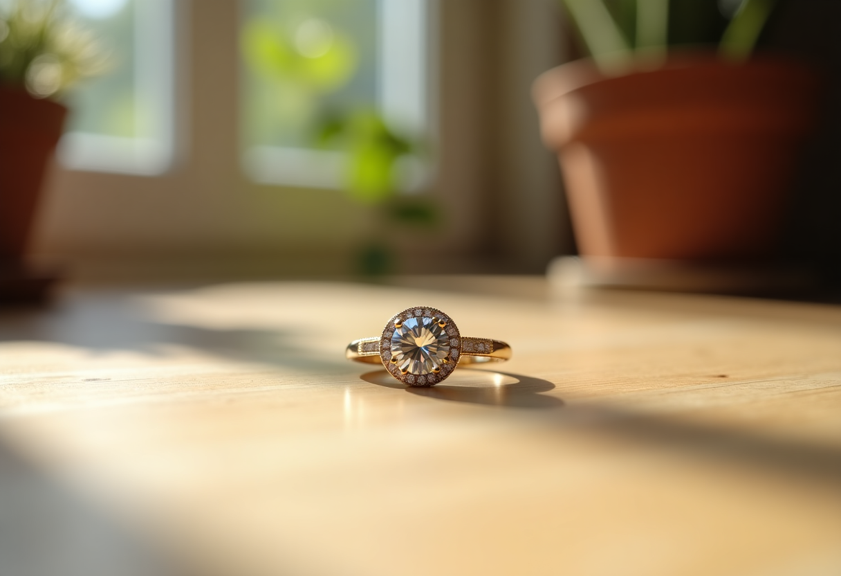 Engagement ring with a beautiful diamond on a table