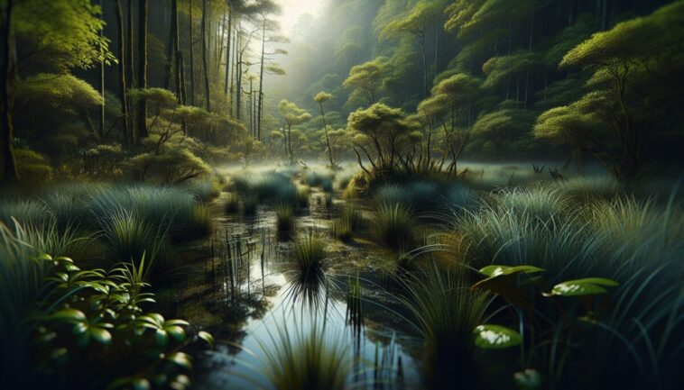 Fen raft spider in its natural habitat in the UK