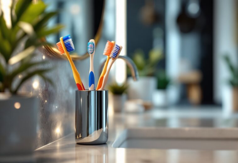 Toothbrush stored in a clean, organized bathroom setting