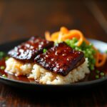 Delicious teriyaki short rib musubi on a plate