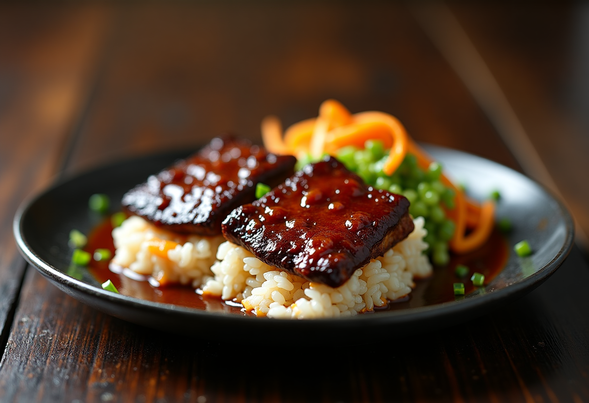 Delicious teriyaki short rib musubi on a plate