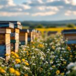 Beekeeper inspecting hives in Canada