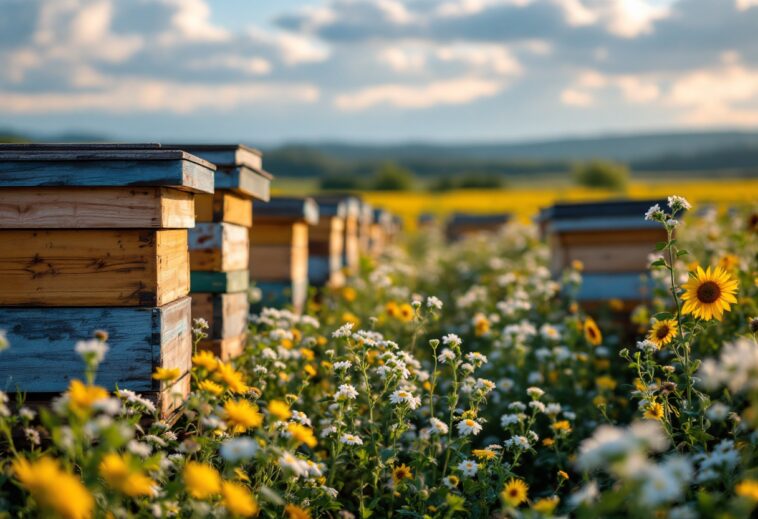 Beekeeper inspecting hives in Canada