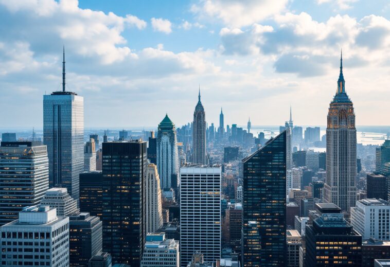 A drone flying over an American city skyline