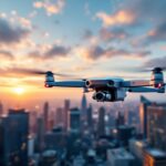 A drone flying over an American city skyline