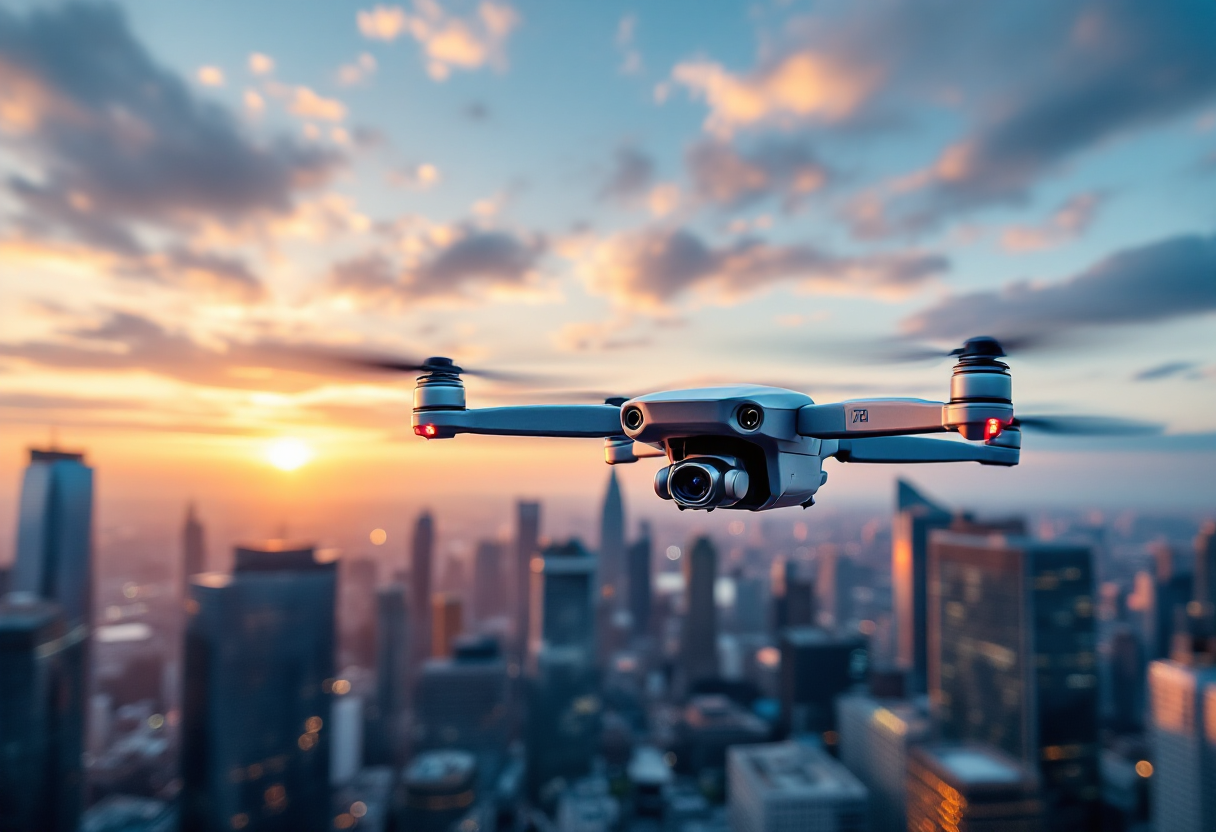 A drone flying over an American city skyline