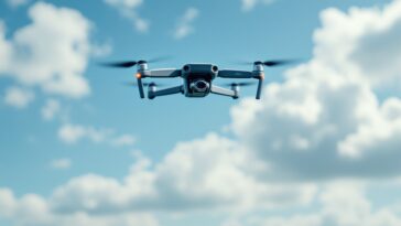 A drone flying over a city skyline in the U.S.