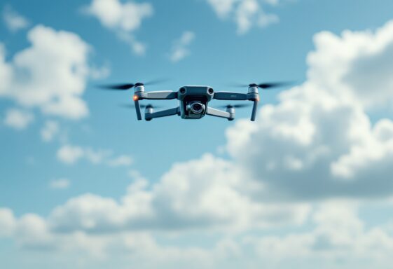 A drone flying over a city skyline in the U.S.