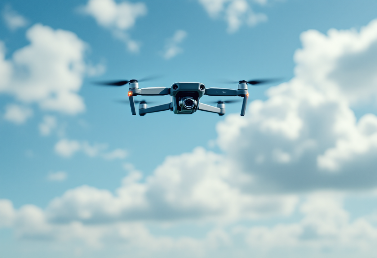 A drone flying over a city skyline in the U.S.