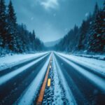 Car navigating through a winter storm on a snowy road