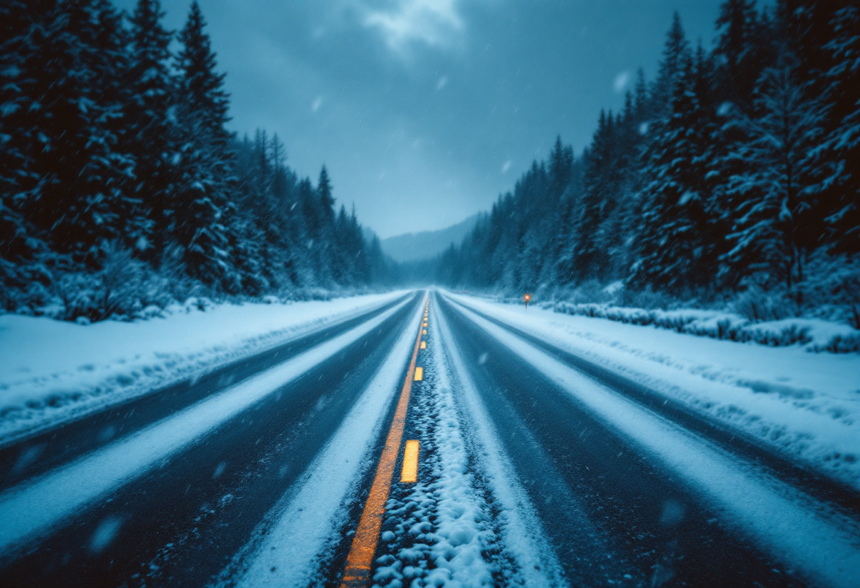 Car navigating through a winter storm on a snowy road