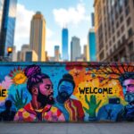 Chicago skyline with immigration policy symbols