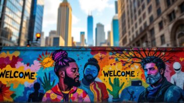 Chicago skyline with immigration policy symbols