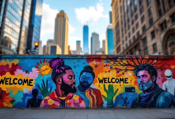 Chicago skyline with immigration policy symbols