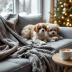 A cozy pet enjoying winter with toys and blankets