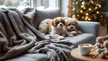 A cozy pet enjoying winter with toys and blankets