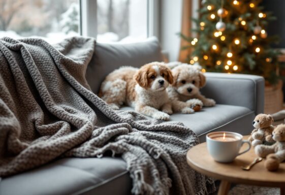 A cozy pet enjoying winter with toys and blankets