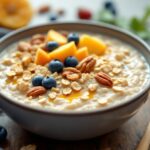 Bowl of oatmeal topped with fruits and nuts