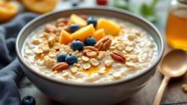 Bowl of oatmeal topped with fruits and nuts