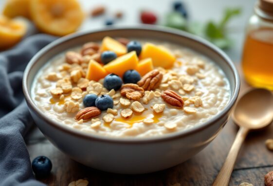 Bowl of oatmeal topped with fruits and nuts