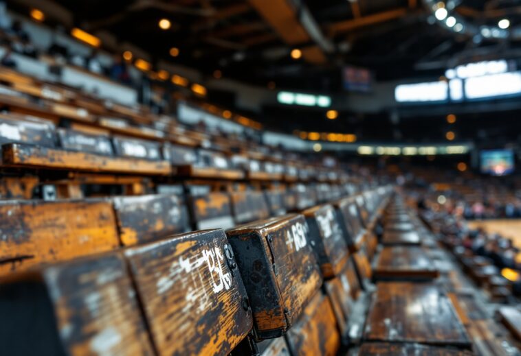 A vibrant college basketball arena filled with fans