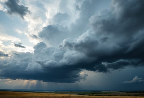 Storm clouds gathering over a snowy landscape in the U.S.