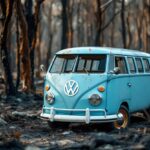 A vintage Volkswagen van standing resilient after a disaster