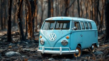 A vintage Volkswagen van standing resilient after a disaster