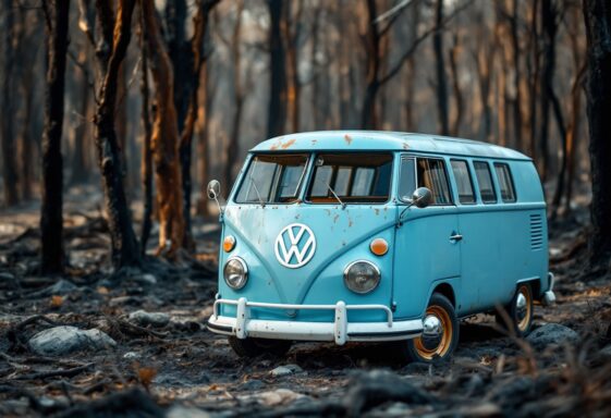 A vintage Volkswagen van standing resilient after a disaster