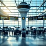 Air traffic control tower with planes in the background