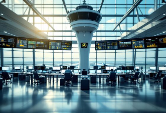 Air traffic control tower with planes in the background