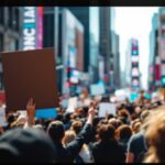 Crowd protesting immigration policies in Los Angeles