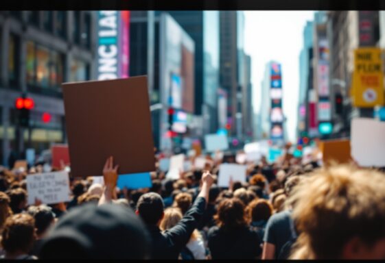 Crowd protesting immigration policies in Los Angeles