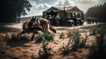 Military working dog in action during a training exercise