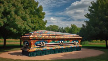 Coffin decorated with Snickers bars honoring a Brit