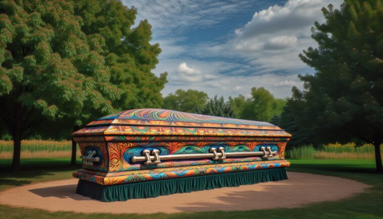 Coffin decorated with Snickers bars honoring a Brit