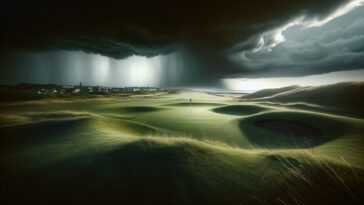 Golf course under rain during The Players Championship