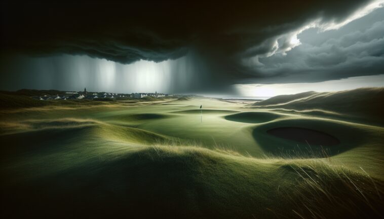 Golf course under rain during The Players Championship